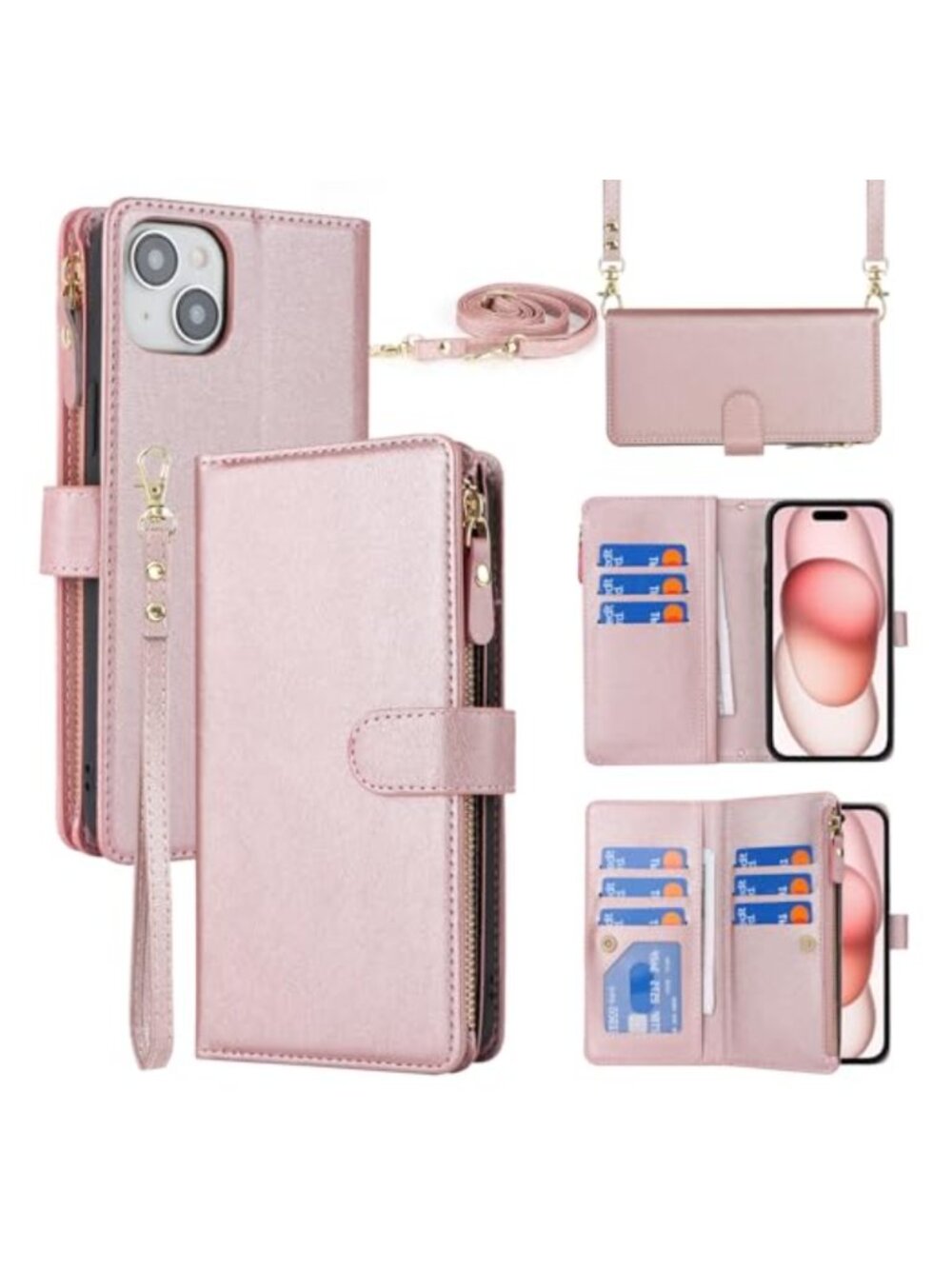 Crossbody Phone Wallet Case for iPhone 15 6.1 with Strap and Card Slots
